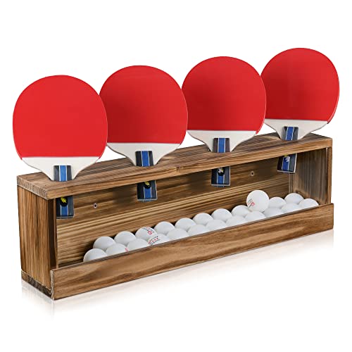Ping Pong Paddle Storage Rack - Table Tennis Racket Display Wall Mounted Holder for 4 Paddles and Balls in Bar, Game Room, Office Break Room, Garage, Bedroom, Home - Rustic Burnt