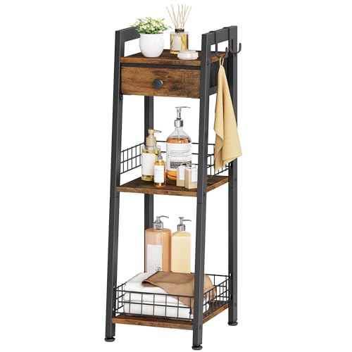 Gewudraw 3-Tier Narrow Ladder Shelf with Drawer, Bathroom Table Stand for Small Space, Narrow Bathroom Standing Shelves with Storage for Living Room Bedroom Kitchen, Organizer Shelf, Rustic Brown - color: Rustic Brown, size: 3 Tier Narrow