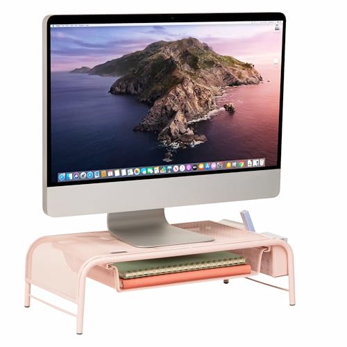 Mind Reader Monitor Stand, Ventilated Laptop Riser, Paper Tray, Storage, Office, Metal Mesh, 20"L x 11.5"W x 5.5"H, Pink - color: Pink
