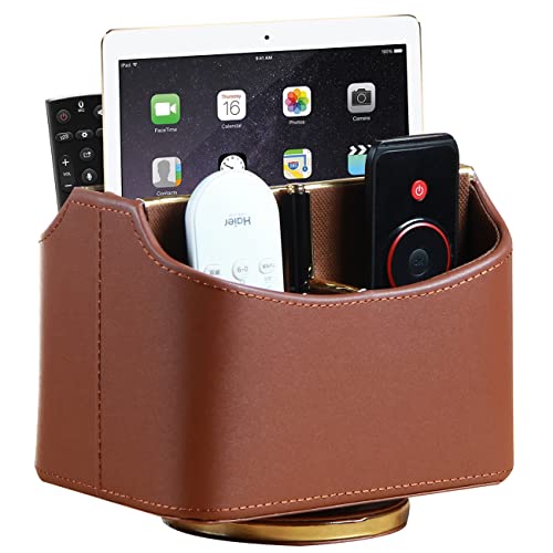 Remote Control Holder, Swivel Desk Organizer and Accessories Decorations for Living Room, PU Leather Room Decor Aesthtic, Bedside Table Organizer Remotes Caddy for TV Controllers/ Stationery - color: coffee
