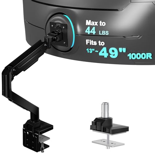 WALI Heavy Duty Single Monitor Arm for 13-49 inch 1000R Curved Screens, up to 44 Lbs, Adjustable Single Monitor Desk Mount with C-Clamp, Grommet Base, 75/100mm VESA Mount (GSM001XL), Black - size: 13" to 49"
