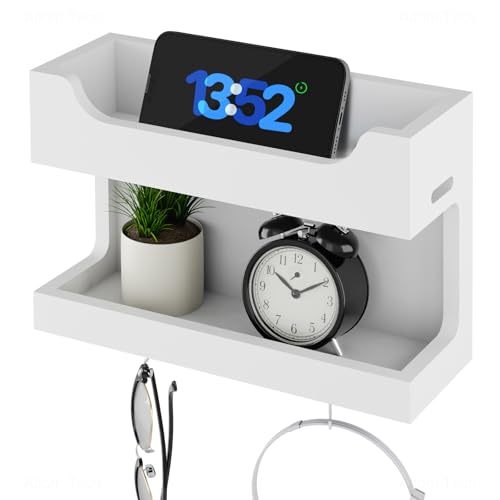 NiHome Wall Mounted Wooden Bedside Accessories Organizer, Double Tray Bedside Storage Shelf Rack with Magnetic Hooks, Bedroom Dorm RV Wall Caddy Holder for Phone Glasses Alarm Clock Remote (White) - color: White, size: Small