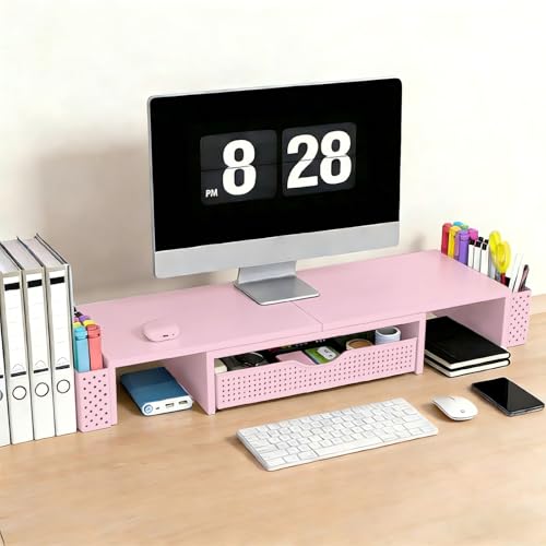 Spacrea Metal Desk Organizers and Accessories, Dual Monitor Stand Riser with Drawer and 2 Pen Holders, Desk Accessories & Workspace Desktop Organizers for Office Supplies (Pink) - color: Pink