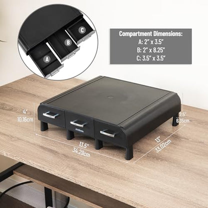 Mind Reader Monitor Stand, 3 Storage Drawers, Desktop Organizer, Riser, Office, 13.5"L x 13"W x 4"H, Set of 2, Black - size: 2 Pack