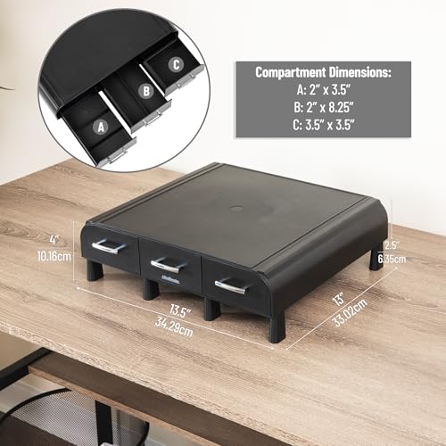 Mind Reader Monitor Stand, 3 Storage Drawers, Desktop Organizer, Riser, Office, 13.5"L x 13"W x 4"H, Set of 2, Black - size: 2 Pack