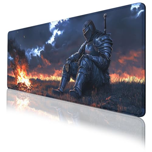 Medieval Knight Gaming Mouse Pad Dark Fantasy Magic Campfire Large Desk Mat Extended Large Laptop Keyboard Non-Slip Rubber Base with Stitched Edges for Home 31.5 x 11.8 Desk Home Office Gaming - color: Medieval Knight, size: 31.5" x 11.8"