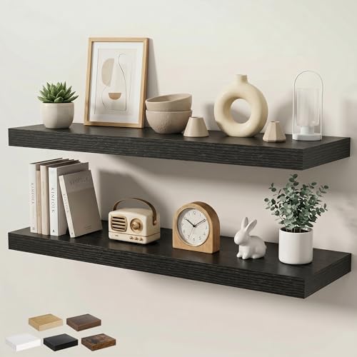 Floating Shelves for Wall 40 in x 9.3 in Deep, Wall Mounted Rustic Wood Shelf with Invisible Brackets for Storage & Display, Living Room Bedroom Bathroom, Black, 2 Pack - color: Black, size: 40 Inch, 2 pack