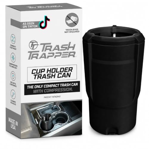 Trash Trapper Car Trash Can Cup Holder | Mini Car Trash Can | Fits in Most Doors | 5.1" x 2.9" | Traps More & Empties Less, Patent-Pending Compaction, Holds Weeks of Small Garbage, Black/Grey - color: Black/Grey, size: Original