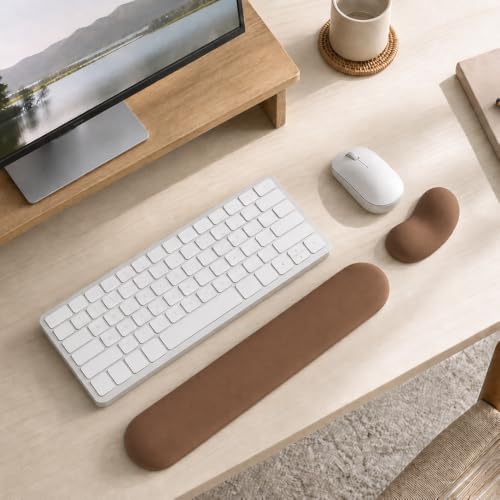 Ergonomic Wrist Rest Set for Keyboard and Mouse | Cooling Gel & Slow-Rebound Memory Foam Palm Support Pad | Luxe Leather, Minimalist, Non-Slip PU Base for Office, Laptop & Gaming (05Brwon) - color: 05brwon