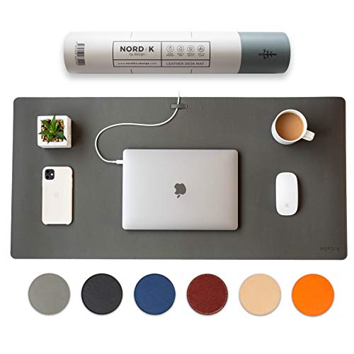 Nordik Leather Desk Mat Cable Organizer - Alaskan Gray 35 X 17 inch - Premium Extended Mouse Mat for Home Office Accessories - Non-Slip Vegan Leather Desk Pad Protector & Desk Blotter Pad - color: Alaskan Gray