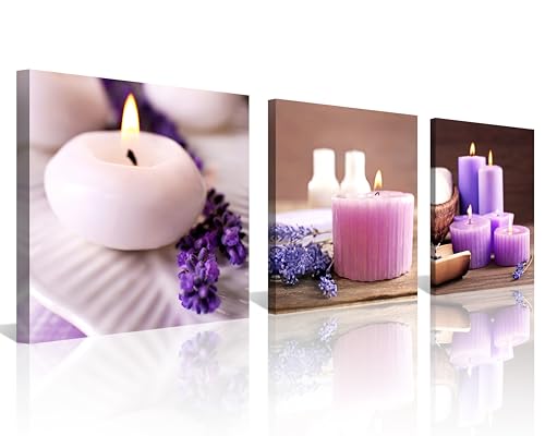 NAN Wind Zen Canvas Wall Art Spa Still Life with Lavender Aromatherapy Candles and Zen Stone Aroma Lavender Flower Painting Pictures Print on Canvas Ready to Hang for Bathroom Decoration - color: lavender candles, size: 12X12inchX3pcs
