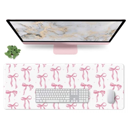 White Mouse Pad with Pink Bows, Cute Desk Mat Pink Keyboard Mat for Computer Laptop Non-Slip Rubber Base, Large Office Mat Kawaii Desktop Décor Accessories Office Supplies for Girls Women 31.5 x 11.8 - color: Pink, size: 31.5" x 11.8"