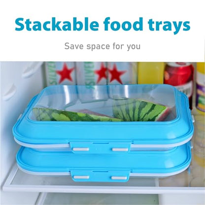 Kmass Kmaxx Plastic Snack Tray with Elastic Reversible Lid, 2-Pack – Airtight Storage Container for Fridge for Bacon, Deli Meat, Cheese, Cold Cuts & Fruit