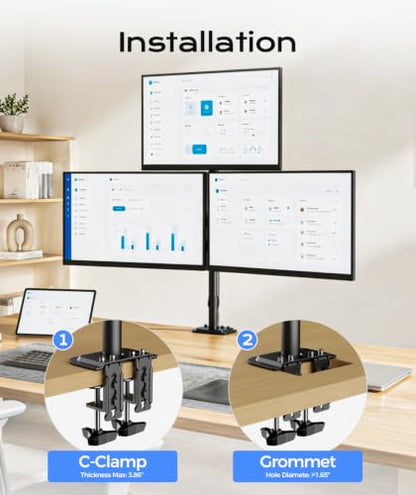 Pholiten Triple Monitor Mount, 3 Gas Spring Monitor Arms for Up to 32 inches Screens, Fully Adjustable Heavy Duty Triple Monitor Mount with Cable Management, Each Arm Holds 22 lbs - style: oversized 3 monitor mount