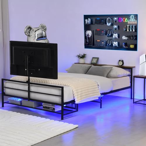 Anwick Full Gaming Bed with TV Lift and LED Lights, Metal Bed Frame with TV Mount for 13-42 Inch TVs, Twin Bed with Storage and Ventilated Console Rack (Full)
