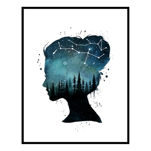 ZEARPT Celestial Girl Wall Art 8x10 Inch – Watercolor Forest Silhouette Print with Starry Sky & Constellation, Boho Aesthetic Bedroom Decor for Teen Girl Room, Feminine Dreamy Artwork, Unframed