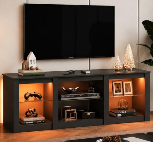 WLIVE Modern LED TV Stand for 65 70 Inch TV, 58" Entertainment Center with Adjustable Glass Shelves & RGB Lights, Wood Media Console Table for Living Room, Bedroom, Gaming Room, Black - color: Black, size: 58 Inch without Fireplace