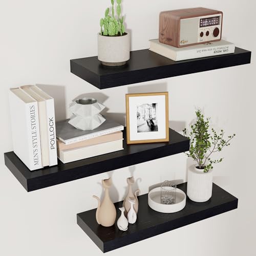 fuqing Floating Shelves for Wall - Black Wood Wall Shelves Set of 3 - Modern Style Wooden Shelves for Room Decor & Storage - color: Black, size: 17 Inch