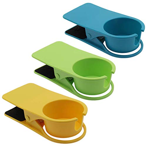 Jiozermi 3Pcs Drinking Cup Holder Clip, Desk Drink Holder Clip Adirondack Chair Cup Holder with Clip Cup Clip Holder for Water Drink Beverage Soda Coffee Mug(Blue, Green and Yellow) - color: Blue+Green+Yellow