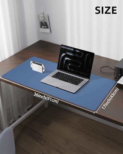 Leather Desk Pad Protector, Large Mouse Mat, Non-Slip Waterproof PU Leather Blotter, Office and Home Cover (Grey Blue, 36" x 17") - color: Grey Blue, size: 36" x 17"