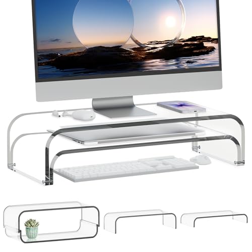 Acrylic Dual Monitor Stand Riser 2 Tier, Modular Laptop Stand for Desk, Multifunctional Desktop Organizer Shelf for PC, iMac, Printer, Detachable Monitor Stand for Office or Home, Clear - color: Clear, size: 20.3 in