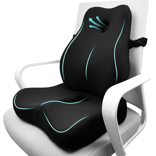 Seat Cushion & Lumbar Support Pillow for Office Chair,Memory Foam Chair Cushions for Tailbone Pain, Non-Slip Back Support for Desk,Gaming Chair,Wheelchair, Breathable & Machine Washable - color: Black