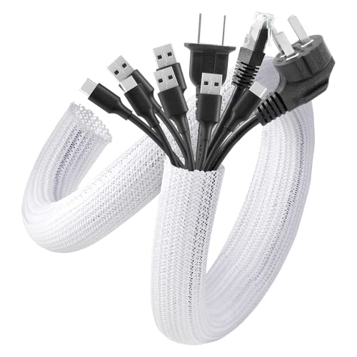 AGPTEK Cable Sleeve, 6.6ft - 1.5 inch Cable Management Desk Cord Cover Organizer Wire Hider for Home Office Computer TV Wire Loom Tubing Pet Proof Cord Protector from Cat Dog Chewing, White - color: White, size: 1.5"-6.6ft