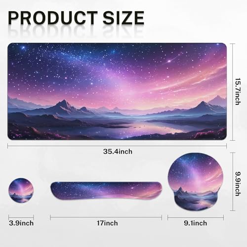 Arttown Dreamy Galaxy Desk Mat Mountains Nebula Mouse Pad Set 4 in 1 Night Sky Ergonomic Design Large Desk Pad + Keyboard Wrist Rest + Mouse Wrist Rest + Coaster Suitable for Home Office Study Game - color: Purple Starry Sky