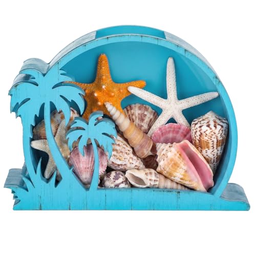 CroBlissful Blue Coconut Seashell Holder Seashell Display Box Wooden Small Starfish Shell Display Case with Acrylic Clear Window Shark Tooth Collection Box for Shells Home Decor Present - color: Blue, style: Coconut