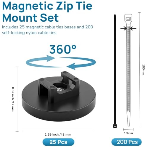225-Pc Magnetic Cable Ties Set,Magnetic Zip Tie Mounts & Cable Ties | Magnetic Wire Holder, 25 Magnetic Cable Holders & 200 Zip Ties, Magnet Cable Tie Mounts for Cables, Wires, Cords, Hoses-43 mm - size: 43mm