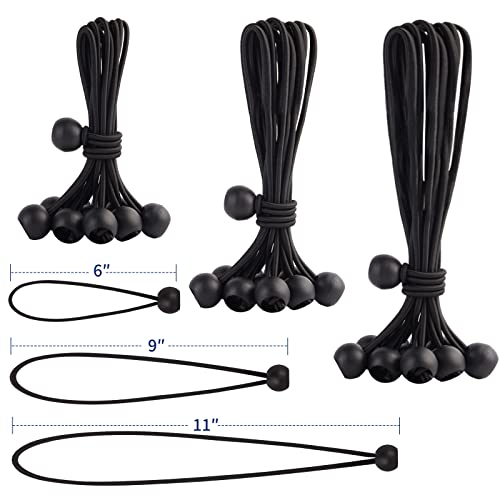 30PCS of 3 Sizes Ball Bungee Cords, 6, 9, 11 Inch Tarp Canopy Bungee Balls, Heavy Duty Tie Down Cord for Shelter, Gazebo, Camping, Tent, Cargo, Holding Wire and Hoses (Ball Size 1 inch) - color: Black
