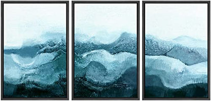 NWT Framed Canvas Print Wall Art Set Blue White Minimal Winter Cloud Mountain Abstract Wilderness Illustrations Art Rustic Scenic Relax/Calm for Living Room, Bedroom, Office - 16"x24"x3 Black - color: A02-2203-fo16, size: 16" x 24" x 3 Panels BLACK