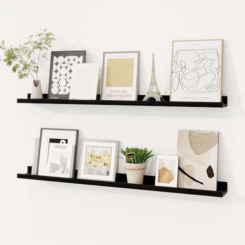 Picture Ledge Shelf, Floating Shelves Set of 2, 36 Inches Solid Wood Nursery Book Shelves for Toys Storage, Kids Bookshelf Wall Mounted for Living Room Bedroom Decor Books Photo Frames, Black - color: Solid Pine Wood Black Finish, size: 36in