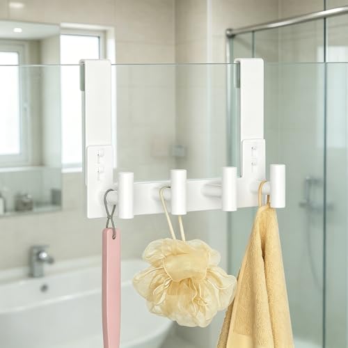 PMMASTO No-Drill Extra Long Shower Hooks, Fits 3/8" Thick Door, Heavy Duty Stainless Steel Towel Hooks for Frameless Glass Shower Door, Holds Bathrobe Towel (White, 4 T-Hooks) - color: White, size: 7.5 Inch-4 T-Hooks, Fits 3/8" Thick Door