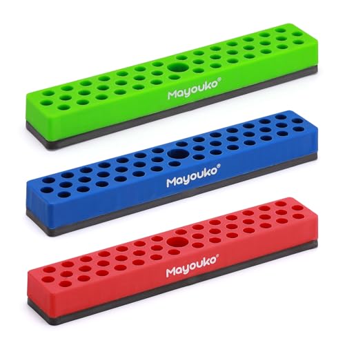 Mayouko 3PCS 1/4" Magnetic Hex Bit Holder Rack Organizer, 129 Holes, 1/4-Inch Drill Bit Holder, 3 Racks, Magnetic Bit Holder with Magnet Base for Screwdriver Bits - color: Red,blue,green