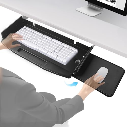 Solid Steel Under Desk Keyboard Tray Slide Out with 360° Rotating Mouse Platform,Keyboard Shelf Sliding,Under Desk Mounted Keyboard Holder,Under Desk Keyboard Drawer 28"Lx11"W