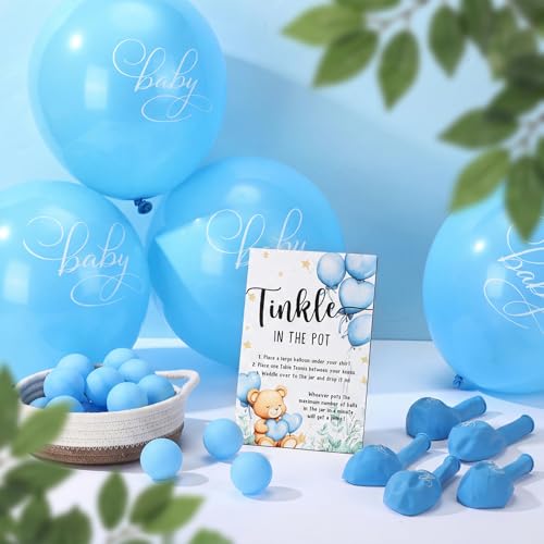 Tatuo 71 Tinkle in The Pot Baby Shower Game Sign Wooden Baby Shower Gender Reveal Party Favors 20 Table Tennis Balls 50 Balloon Latex Balloon(Bear,Blue) - color: Blue, style: Bear