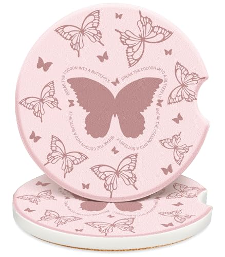 Swooflia Car Coasters for Women - Pink Butterfly Ceramic Car Cupholder Coaster Absorbent Mat Coaster with Cork Base 2 Pack 2.55 inch Automotive Cup Holder Accessories New Driver Gifts for Decor - color: Pink Butterfly