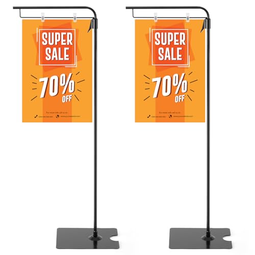 Blulu 2 Pcs Adjustable Hanging Poster Stand Sign Holder 43-87 Inch Pallet Floor Standing Poster Display Black Heavy Duty Double Sided Clip on Mobile Banner Stand with Base for Outdoor Hanging Display