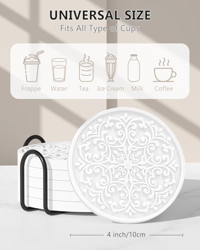 Drink Coasters, Coasters Set of 6 for Cup with Holder, Non-Slip Silicone Cup Mats for Hot and Cold Drinks, Cute Absorbent Coffee Bar Accessories Table Decor, White - color: White