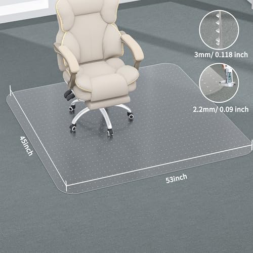Office Chair Mat for Carpet, 53" X 45" X 0.09" Desk Chair Mat for Carpet Floors, Clear and Thick Rolling Computer Chair Mats with Non-Slip Studded for Home and Office Low Pile Carpets - size: 53" X 45" Rectangle