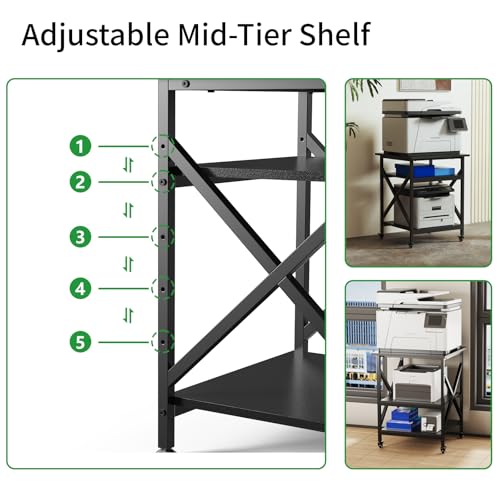 3 Tier Printer Stand, Large Table with Wheels, Rolling Cart with Height Adjustable Middle Storage Shelf, 23.6 x 23.6 x 30.3 Inches Shelf for Home Office, Black - color: Black
