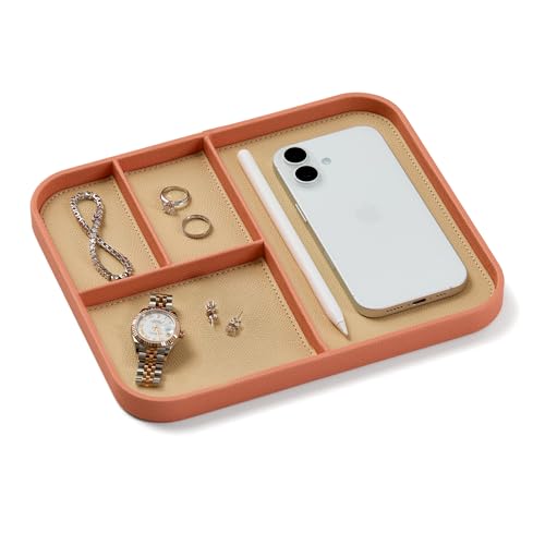 Nordik Leather Valet Tray - Coral Blush Pink - 9.5 x 7.9 Inch Medium Vegan Leather Tray - Stylish Nightstand Organizer for Men - Modern Bedside Caddy - EDC Catchall for Key Watch Wallet Jewellery - color: Coral Blush, size: 9.5in x 7.9in