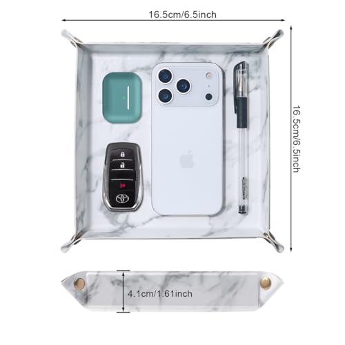 Valet Tray Desktop Storage Organizer – Premium PU Leather Catchall Bedside Vanity Tray Nightstand Caddy Holder for Remote Controller, Keys, Phone, Wallet, Coin, Jewelry,Marble White - color: Marble White