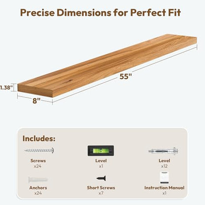 Flat Edge Elm Wood Floating Shelf with Invisible Bracket 55”Natural - color: Natural, size: 55”,set of 1