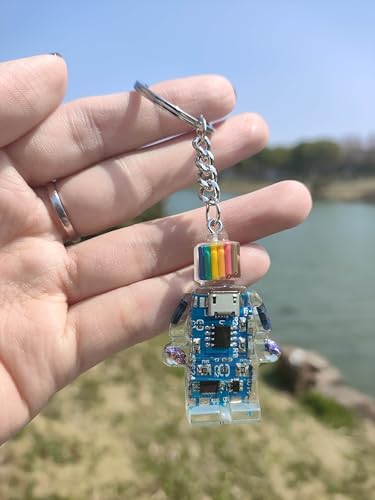 Upcycled Circuit Board Robot Keychain, Handmade Real PCB Resin Charm, Unique Cyberpunk Gift for IT - color: Blue