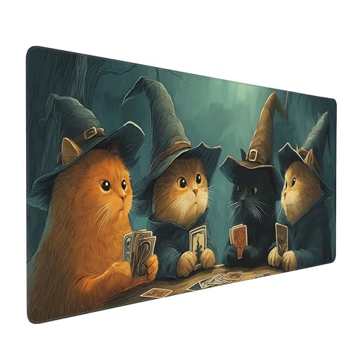 Wizard Cats Playing Cards Playmat, 35.4 x 15.7 Inches, Board Game Mat, Whimsical Fantasy Art Desk Mat | Mouse Pad - color: Cats Playing Cards