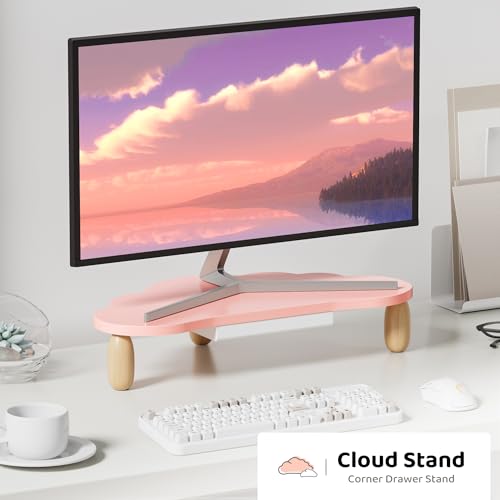 AFOOYO Monitor Stand Riser,Cloud-Shaped Sturdy Wood 16.5In Computer Monitor Riser Wirh Drawer, Multi-Purpose Desktop Organizer Riser for Computer,Laptop,Printer,TV,Pink - color: Pink, size: Cloud Shape With Drawer