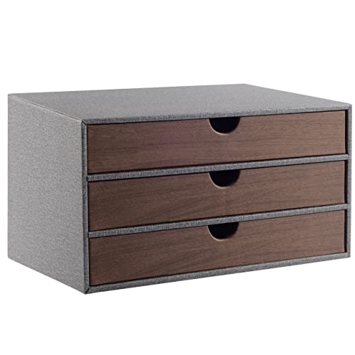 Cloth-effect Faux Leather Desk Organizer File Cabinet Executive Office Supplies Desktop Filing A4 Contract Document Stackable Storage Box with 3 Drawers (Grey) - color: Grey