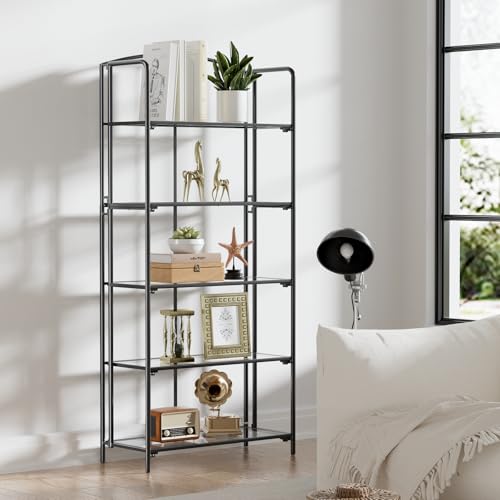 Crofy 5-Tier Wider Foldable Bookshelf, Black Frame & Transparent Shelves | Collapsible Portable Storage Organizer; Sturdy Transparent Shelves; Ideal for Living Room & Home Office - color: Black Frame & Transparent Shelf, size: 5 Tier Wider